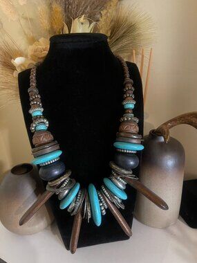 Chico’s Statement Necklace Boho Tribal Wood Turquoise Boho Chunky Adjustable 22"
